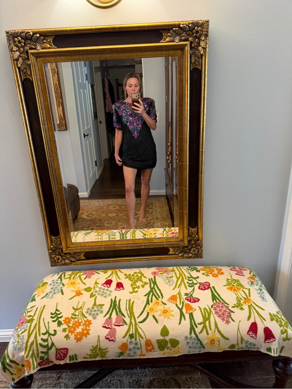 Vintage Black Sequined Mini Dress with Pink & Purple Beading